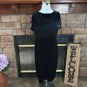 Karl Lagerfeld Paris Black Velvet Dress Short Sleeve Beaded Pearls Size 12